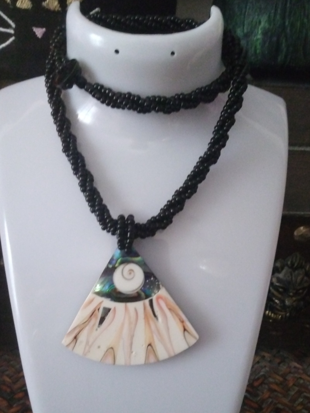 abalone and mother of pearl Black Beaded Rope Necklace with Shell Pendant